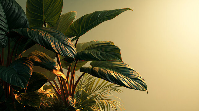 Tropical philodendron leaves with deep green texture and warm golden sunset lighting for nature wallpaper and home decor.