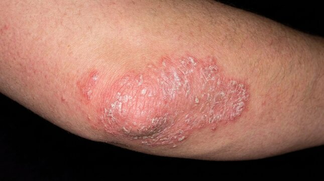 Epidermal plaque lesion: chronic psoriasis, scaly skin, dry elbow, itchy rash, red patch, dermal irritation, autoimmune symptom, medical condition, body dermatosis.
