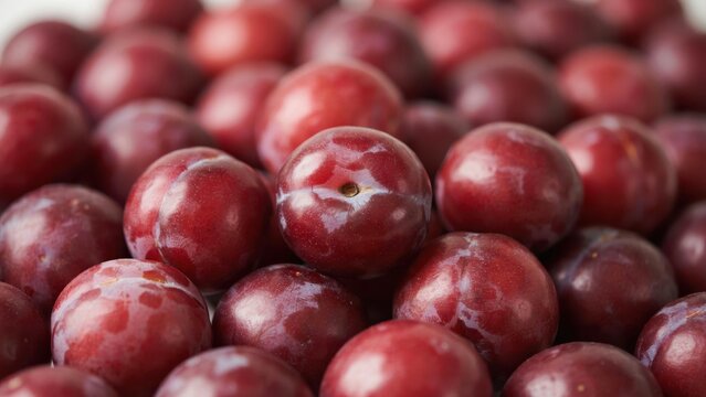 A close-up view shows a vibrant pile of fresh, ripe plums with a natural glossy shine. Perfect for food industry, healthy nutrition, or culinary themes.