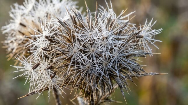 Frosty weed skeleton: cold beauty, winter transition, crystal geometry, delicate structure, icy seed, dormant nature, wild flora, silver sparkle, sharp spine, bitter morning.