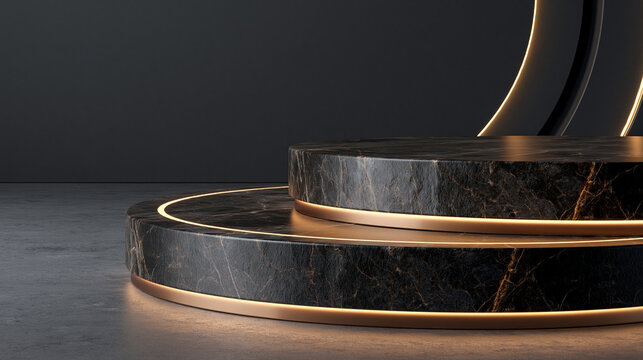 Two tiered black marble podium with elegant glowing gold lines for high end jewelry and luxury item retail presentation.