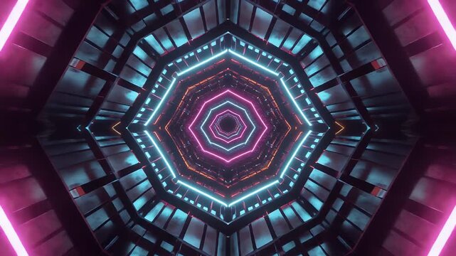 Abstract geometric tunnel with neon lights.