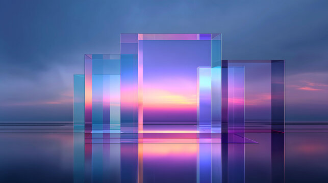 Realistic abstract geometric environment with luminous transparent glass rectangles standing in layered formation over a mirror-like reflective floor, radiant neon gradients transitioning