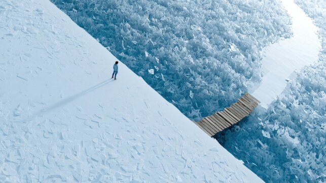 A lone person on a snow-covered mountain slope, standing near a wooden bridge crossing a snowy ravine, symbolizing challenge and journey