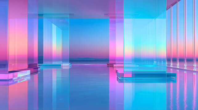 Realistic abstract geometric environment with luminous transparent glass rectangles standing in layered formation over a mirror-like reflective floor, radiant neon gradients transitioning
