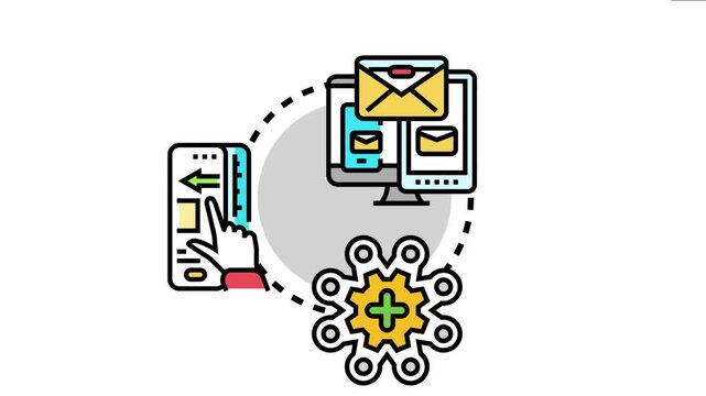Vector depicting the integration of various digital components like email marketing, mobile app interaction, and creative development within a unified design process