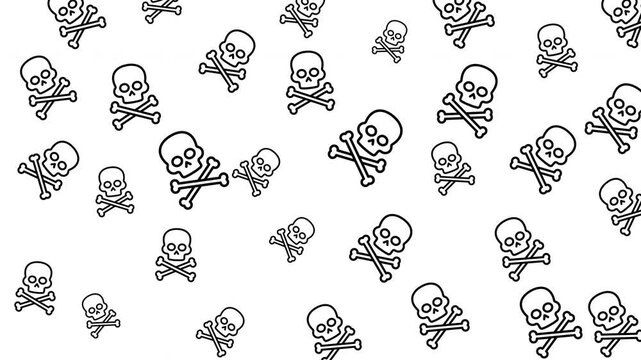 Seamless animated pattern featuring black skull and crossbones icons on a white background, creating a spooky repeating backdrop for Halloween, horror, pirate, and themed projects.