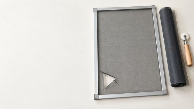 Torn Insect Screen Panel with Replacement Mesh and Spline Roller on Copy Space