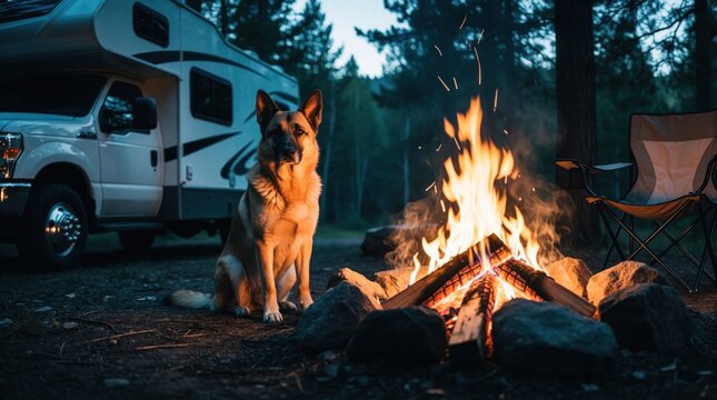 Loyal dog sits by warm campfire at forest campground during dusk. Pet watches flames near parked motorhome RV. Peaceful evening camping trip in wilderness with cozy fire light. Animal enjoys calm