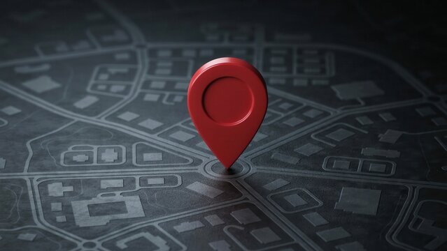 A red pin marker standing on a dark city map with dramatic lighting. This GPS navigation concept is ideal for travel and logistics projects.