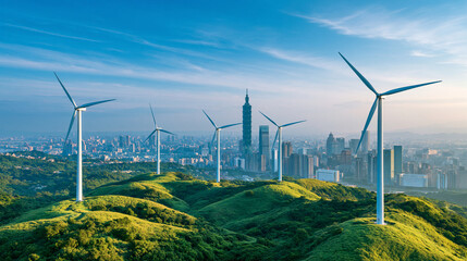 Obraz premium Wind turbines stand on lush green hills overlooking metropolitan cityscape of Taipei skyline during bright sunny morning.