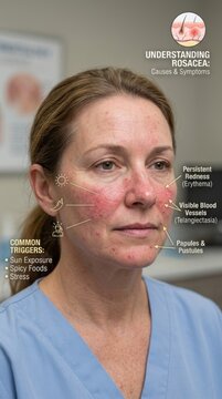 Rosacea cosmetic dermatology: chronic redness, facial erythema, visible telangiectasia, papule trigger, symptom guide, inflamed skin, vascular disorder, medical chart.