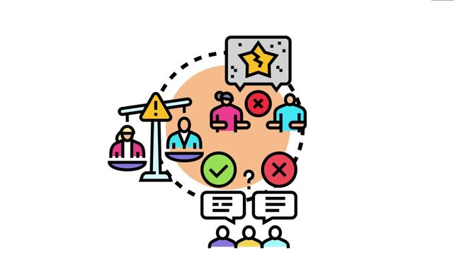 Misrepresentation concept displaying a broken star, unequal scales, incorrect voting results, and unreliable communication, symbolizing deceit, bias, and a lack of transparency in various situations
