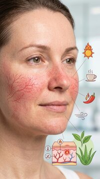 Facial rosacea disorder: cosmetic dermatology, vascular erythema, skin inflammation, capillary dilation, cheek redness, symptom trigger, epidermis therapy.