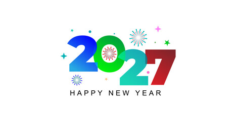 Fototapeta premium Colorful 2027 Happy New Year Typography with Overlapping Numbers and Fireworks