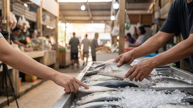 Customer selecting fresh fish at a local market stall, pointing at seafood on ice while the vendor handles the catch