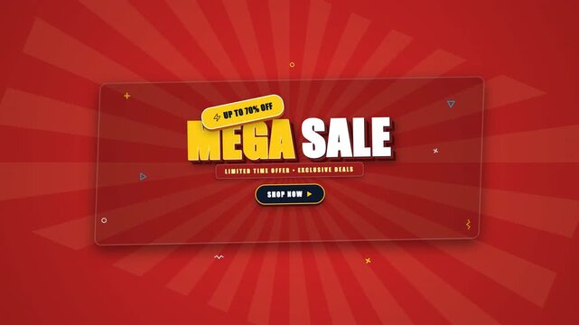 Mega Sale Promotion with Red Background and Glassmorphism Effect.