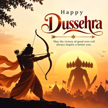 Happy Dussehra Festival Poster with Lord Rama, Ravana Effigy and Bow