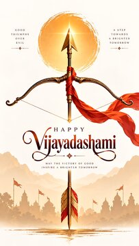 Happy Vijayadashami Festival Poster with Bow and Arrow and Traditional Indian Design
