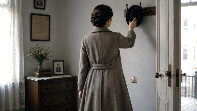 Woman in a vintage coat reaching for a hat on a wall hook in a modest period home interior