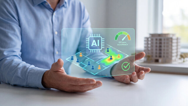 AI building occupancy analytics and smart space utilization concept, man presenting transparent floor plan heatmap with people, AI chip and optimal occupancy gauge with checkmark