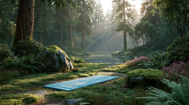 Yoga mat in a serene, sun-dappled forest clearing with a flowing stream and lush green foliage for tranquil meditation.