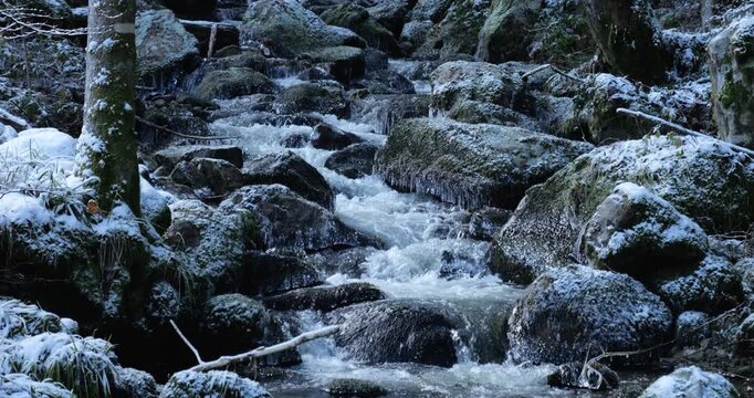 Flowing mountain stream over mossy rocks with cinematic motion and soft natural light