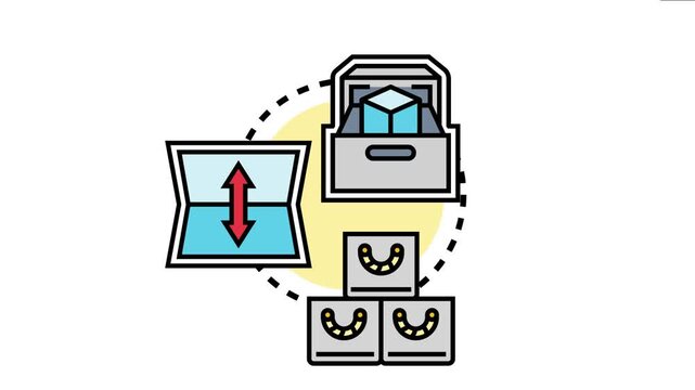 Travel and tourism concept icon featuring a storage box holding memory items, a foldable map, and stacked boxes symbolizing collected mementos from adventures