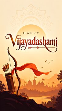 Happy Vijayadashami Festival Poster with Bow, Arrow and Traditional Indian Landscape