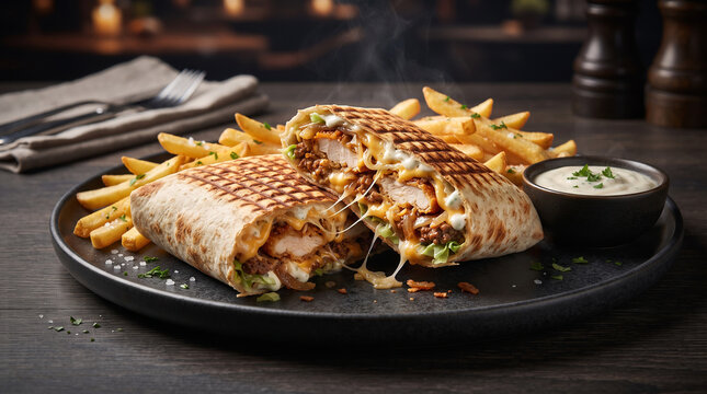 Premium French tacos with crispy grilled tortilla, juicy seasoned meat, melted cheese, creamy sauce, fresh vegetables and golden French fries