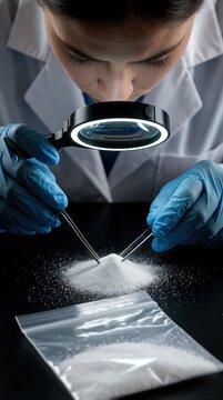 Female scientist inspects white powder substance with magnifying glass in lab. Specialist uses tweezers to examine sample from plastic bag. Professional researcher performs chemical analysis forensic