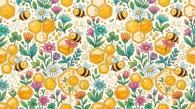 Cute Colorful Bee and Honeycomb Floral Seamless Pattern