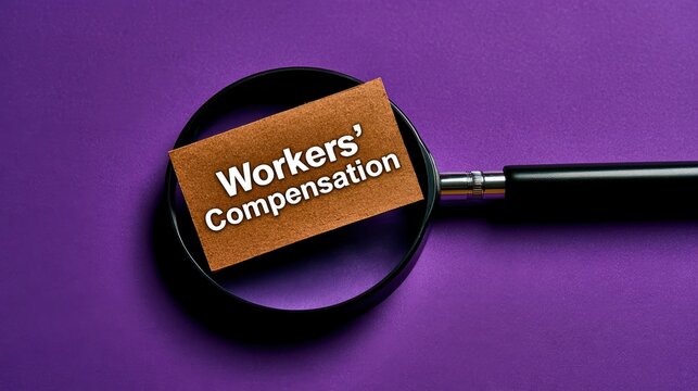 Workers compensation card highlighted by magnifying glass on purple background in sharp macro focus for legal and insurance marketing