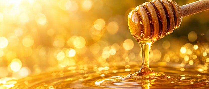 Golden honey dripping from a wooden dipper onto a shimmering liquid surface. The background is a warm, golden bokeh blur. This image evokes sweetness, nature, and rich, organic textures. banner format