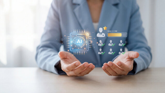 AI recruitment and talent hiring concept, businesswoman presenting AI brain chip with top candidate high score star rating and employee profiles with checkmarks for HR screening