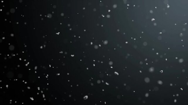 Microscopic dust particles drifting through an almost invisible gradient of soft studio illumination, deep black fading subtly into dark graphite, sparse particles distributed across multiple focal pl