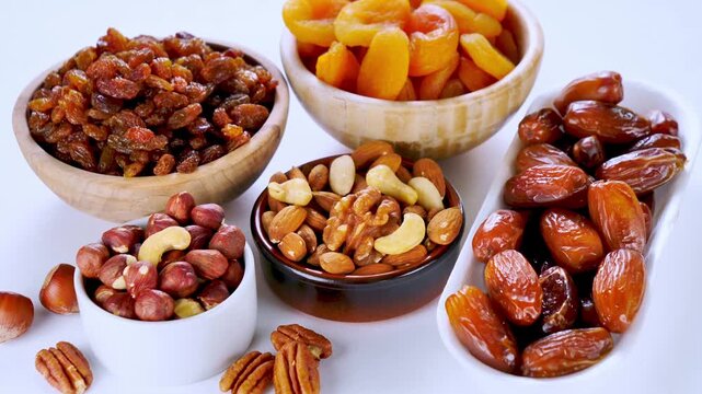 Assortment of Dried Fruits and Nuts In Bowls Apricots Dates Raisins Cashews Pecans On White Background