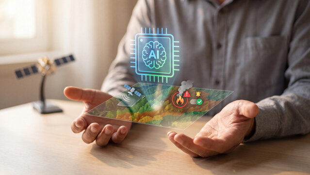 AI wildfire detection and satellite forest monitoring concept, man presenting AI chip over forest map hologram with fire, smoke, warning and alert bell for early disaster response