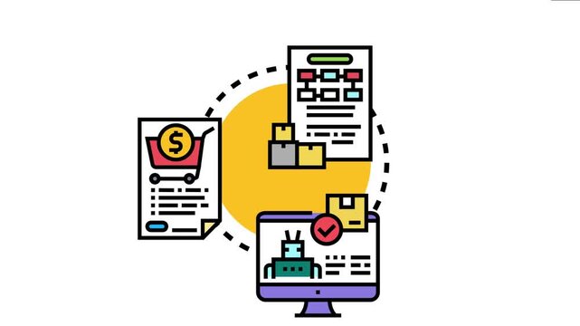 Minimum order quantity concept involving documents, shipping boxes, payment, and an automated system helping manage business supply chain, inventory, and purchase requirements
