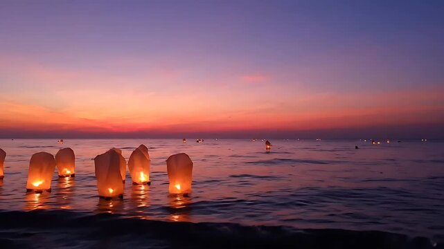 Glowing Lanterns Floating on Ocean Water at Sunset, Creating a Magical and Serene Atmosphere. Gentle Waves and Fading Light.
