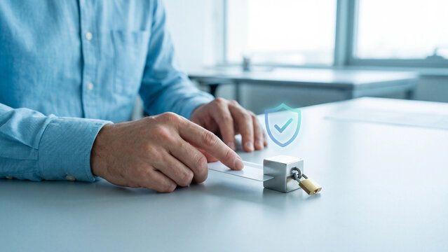 Card access security and payment protection concept, man inserting card into metal reader cube with padlock and shield checkmark for authentication, privacy and fraud safety