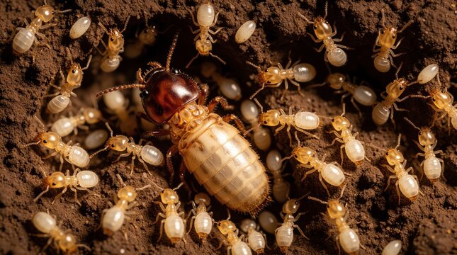 Large termite queen stays in underground nest chamber. Tiny worker termites, white eggs surround royal insect in dirt tunnel. Macro view shows colony life, reproduction, insect pest infestation