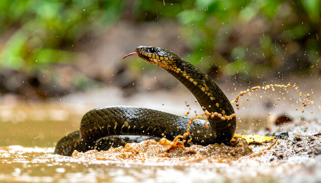 Close up of a wild snake with tongue flicking emerging from muddy water with splashes