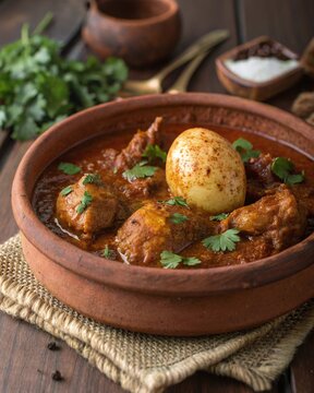 Photorealistic Ethiopian doro wat with tender chicken berbere sauce egg injera coriander and toasted spices in rustic clayware