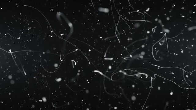 Extremely fine white dust particles gently floating through soft neutral studio illumination against a nearly black background, sparse translucent particle layers creating an elegant three-dimensional