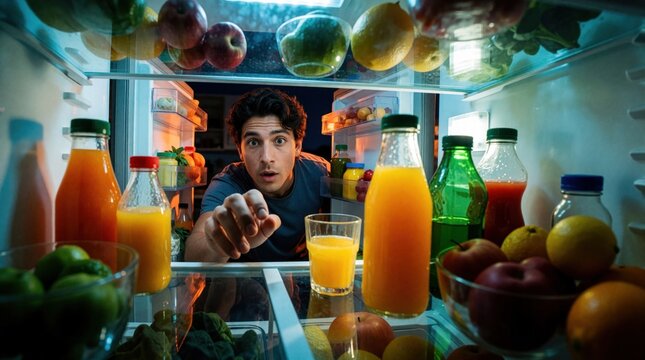 Man inside bright fridge looks surprised at food selection late night. He points toward colorful fresh fruit juice and vegetables inside home kitchen.