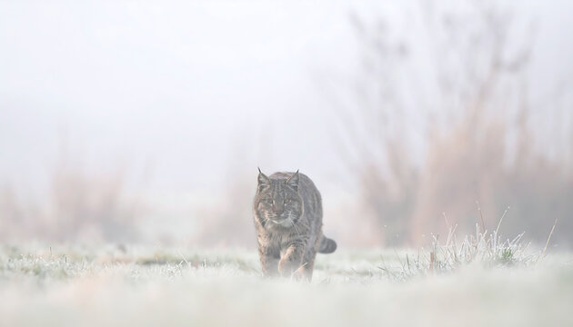 Bobcat walking in a frosty field during a misty morning in the wild nature of north america