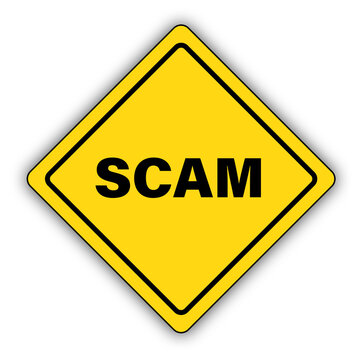 Scam sign (yellow and black diamond shape) for cyber security warning. Transparent background.