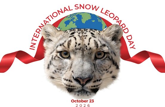 International snow leopard day poster with cat portrait and globe graphic