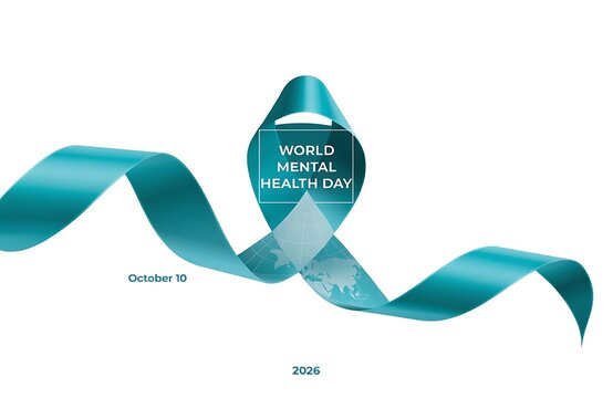 World mental health day awareness design with teal ribbon on white background